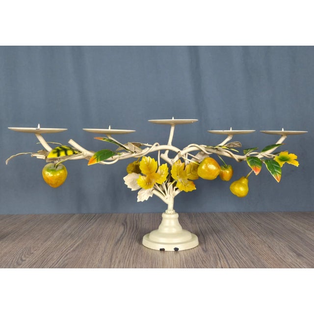 Hand decorated toleware candle holder. Five branches with plenty of fruit and leaves. This is not marked, no metal tag but...