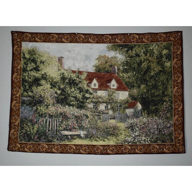 French Vintage French Cottage Scene Tapestry W/Border For Sale - Image 3 of 12