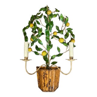 Mid 20th Century Hollywood Regency Italian Lemon Tole Tree Iron Wall Sconce W/ Bamboo Pot For Sale