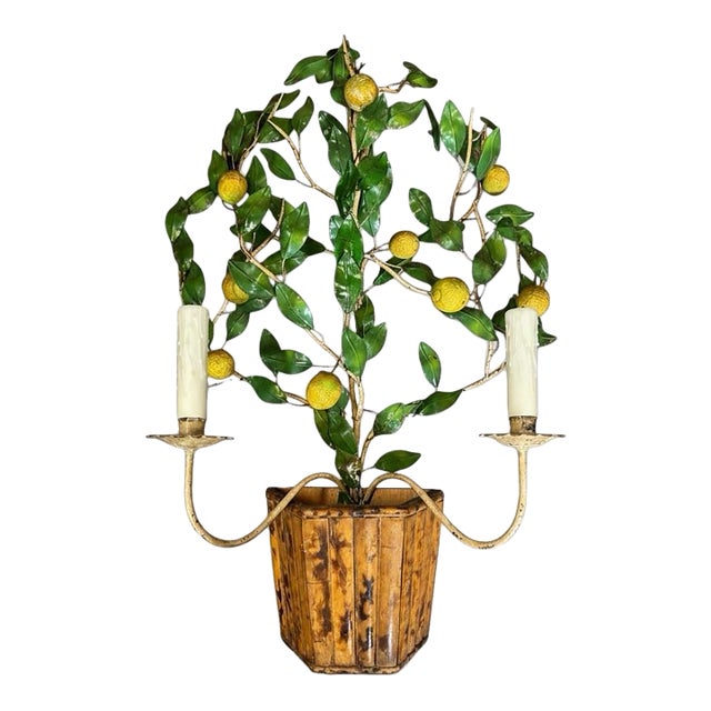 Mid 20th Century Hollywood Regency Italian Lemon Tole Tree Iron Wall Sconce W/ Bamboo Pot For Sale