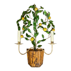 Mid 20th Century Hollywood Regency Italian Lemon Tole Tree Iron Wall Sconce W/ Bamboo Pot