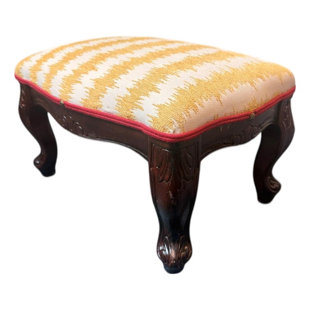 Vintage Carved Wood Footstool With Upholstered Cushion For Sale