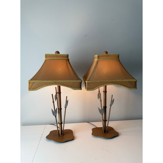 Hollywood Regency Late 20th Century Bamboo Tole Table Lamps With Pagoda; A Pair For Sale - Image 3 of 10