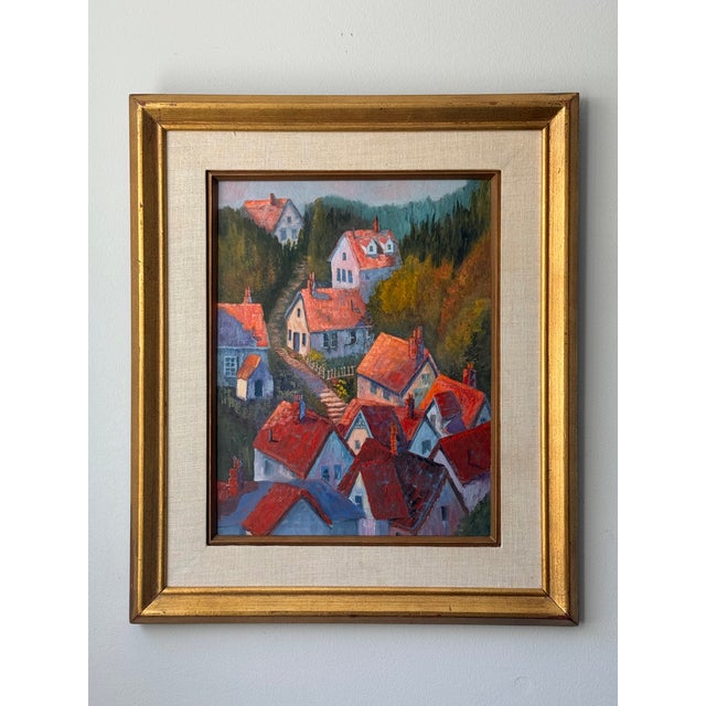Sunlit Hillside Town With Orange Roofs, Vintage Oil on Board, Framed For Sale - Image 12 of 12