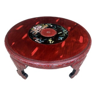Chic Vintage Asian Lacquerd Carved Tea /Coffee Table With Floral Design For Sale