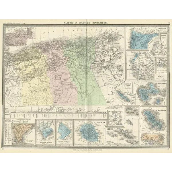 Antique map titled 'Algeria and French Colonies'. Large map of Algeria and the French Colonies. This map originates from...