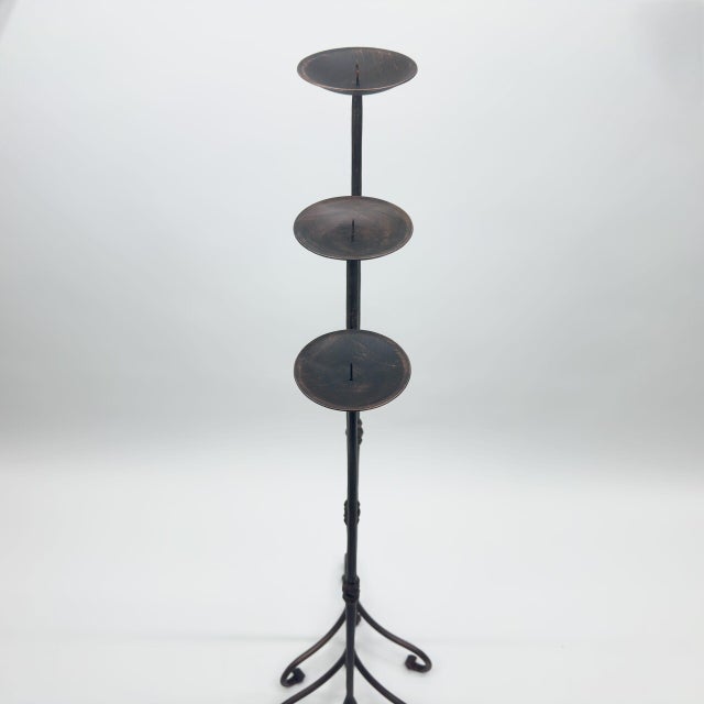 Hand Forged Iron Candelabra Set of 3 (90-110cm) Antique Copper Finish Straight Stem with Ornate French Scroll Feet For Sale - Image 4 of 6