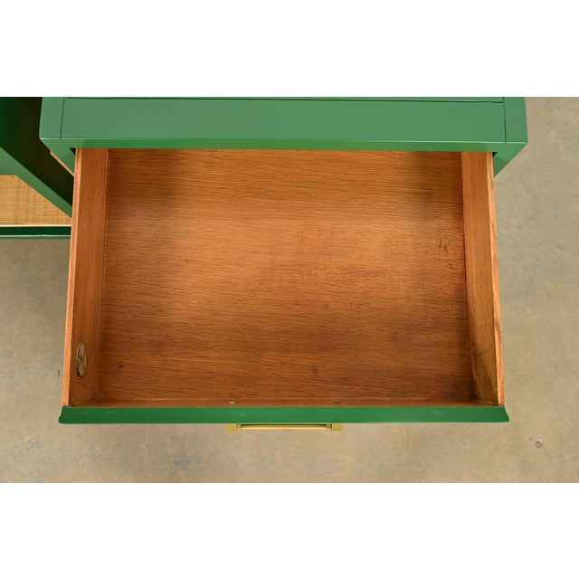 Green Michael Taylor for Baker Furniture Mid-Century Hollywood Regency Green Lacquer and Cane Campaign Nightstands, Newly Refinished For Sale - Image 8 of 15
