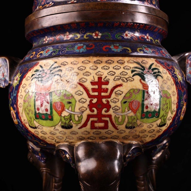 Late 20th Century Pair of Gilt Bronze Cloisonné Enamel Elephant Incense Burners For Sale - Image 9 of 9