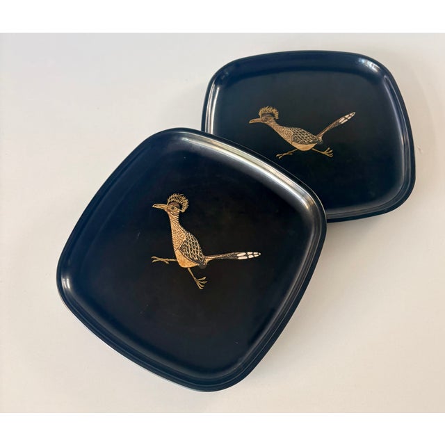 Mid-20th Century Modern Couroc of Monterey Black, Gold, and Bronze Roadrunner Square Trays - A Pair For Sale - Image 10 of 11