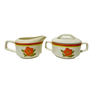Lenox “Fire Flower” Pattern Vintage 1970s Temper-Ware Sugar Bowl With Lid & Creamer Set