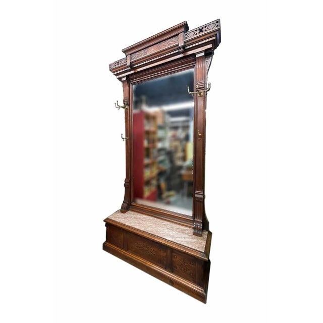 Antique Hall Mirror - Victorian Walnut Grand Size Mirror With Marble Top Bench For Sale - Image 10 of 10