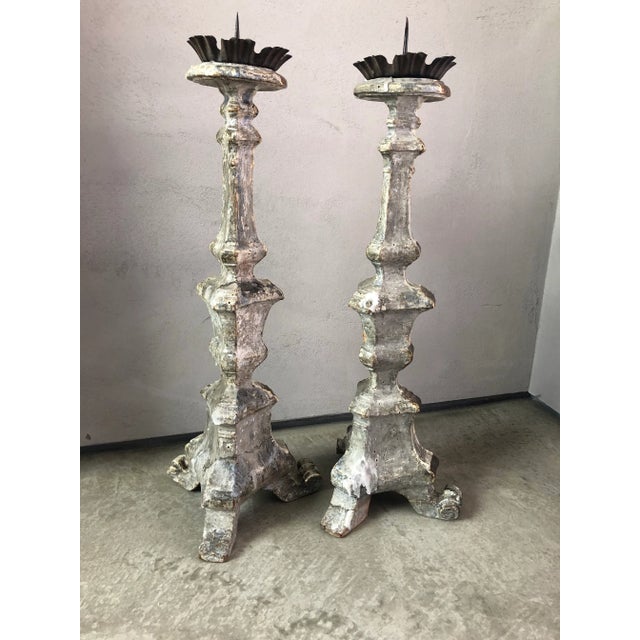 Late 18th Century Pair of 18th Century Carved Wood Pricket Candlesticks With Original Silver Leaf For Sale - Image 5 of 6