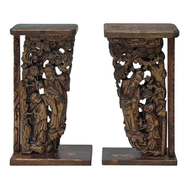 Pair Vintage Chinese Man Kid Wood Carving Desktop Display Plaque For Sale