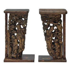 Pair Vintage Chinese Man Kid Wood Carving Desktop Display Plaque