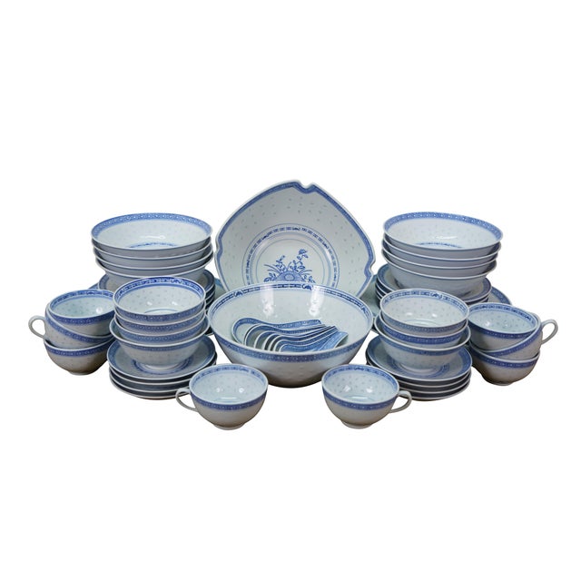 Vintage 55 piece collection of vintage Chinese blue and white rice grain porcelain dinnerware featuring the Rice Flower...