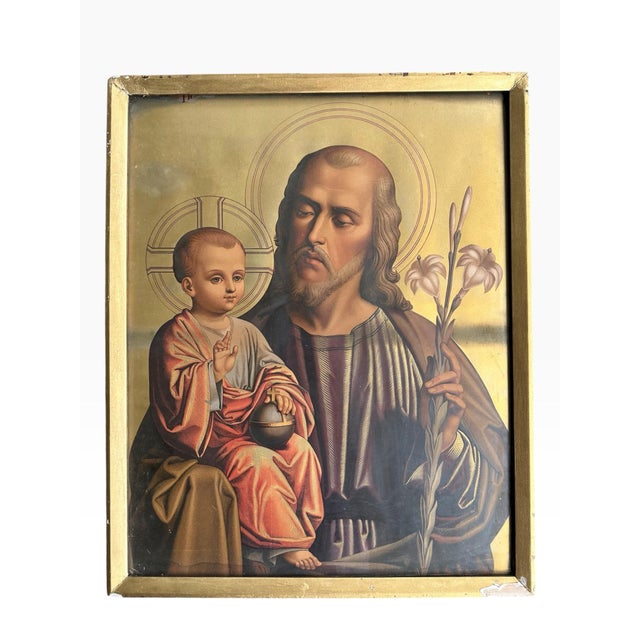 Brass Antique Saint Joseph & Infant Jesus Chromolithograph, Original Nailed Wood Frame, Religious Art For Sale - Image 8 of 9