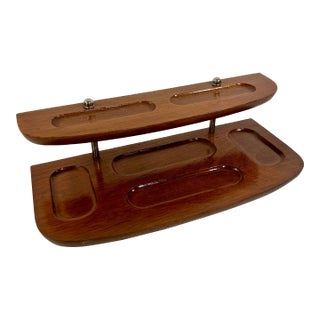 Vintage Mid Century London Leather Tiered Wood Dresser Top Catchall For Sale