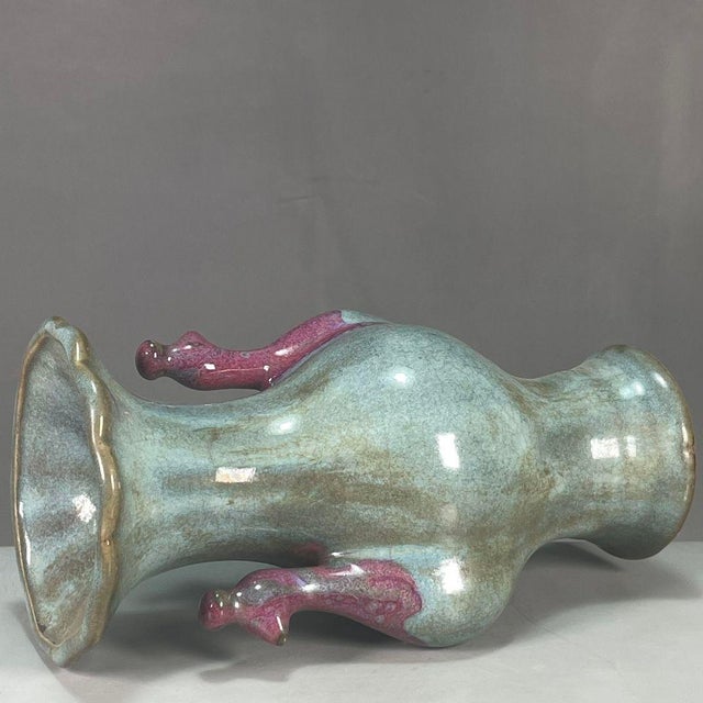 Art Deco Vintage Flambé Glaze Double-Handled Vase With Bird Motifs - 7" Tall For Sale - Image 3 of 9