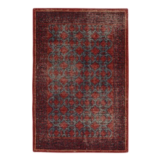 Rug & Kilim’s Distressed Khotan Style Rug in Red & Blue Trellis Pattern For Sale