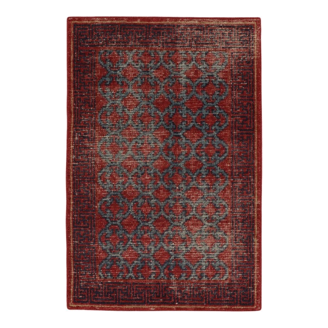 Rug & Kilim’s Distressed Khotan Style Rug in Red & Blue Trellis Pattern For Sale