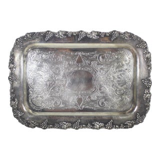 Small Silver Plated Tray, Raised Grape Edge Embossed Detail, Vintage Plate Old English Reproduction Rectangular Serving Dish For Sale