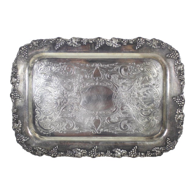 Small Silver Plated Tray, Raised Grape Edge Embossed Detail, Vintage Plate Old English Reproduction Rectangular Serving Dish For Sale