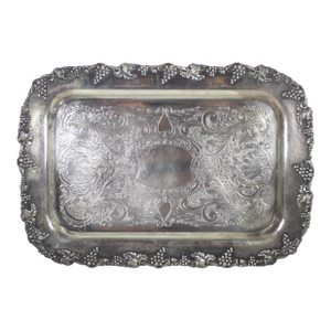 Small Silver Plated Tray, Raised Grape Edge Embossed Detail, Vintage Plate Old English Reproduction Rectangular Serving Dish