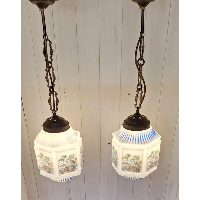 Antique German Art Nouveau Pendants with Opaque White Glass Shades, Japanese Motifs and Brass Mounts, 1900s, Set of 2 For Sale - Image 3 of 9
