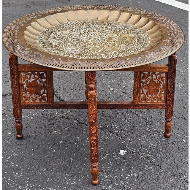 Mid 20th Century Middle Eastern Carved Teak and Etched Brass Folding Tray Table For Sale - Image 10 of 14