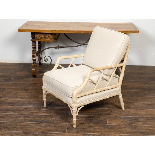 English Midcentury Bleached Faux Bamboo Lounge Chair with Upholstery For Sale - Image 9 of 11