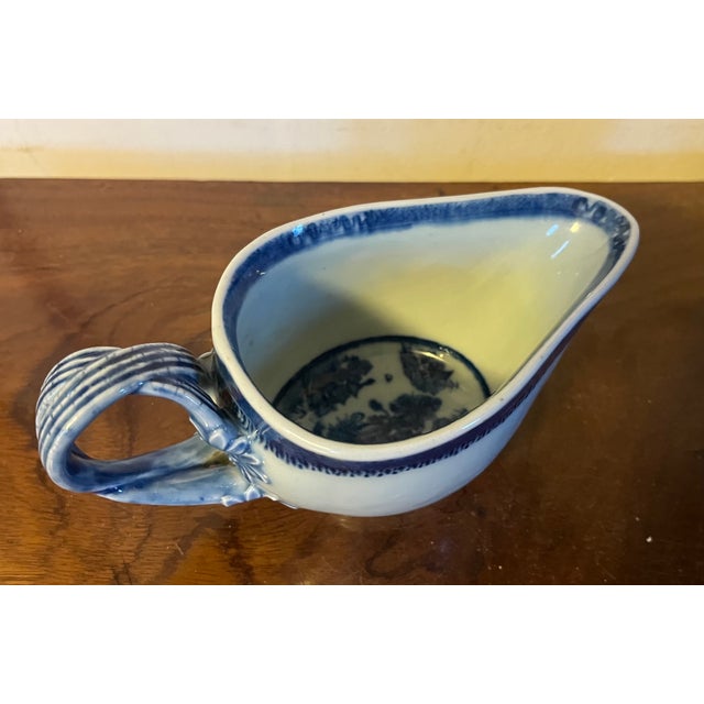 19th Century Antique Early 19th Century Chinese Export Canton Porcelain Sauce or Gravy Boat Decorated With Blue & White Landscape Scene For Sale - Image 5 of 13