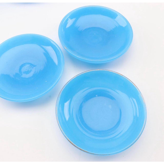 19th Century French Blue Opaline Glass Cups & Saucers With Serving Bowl