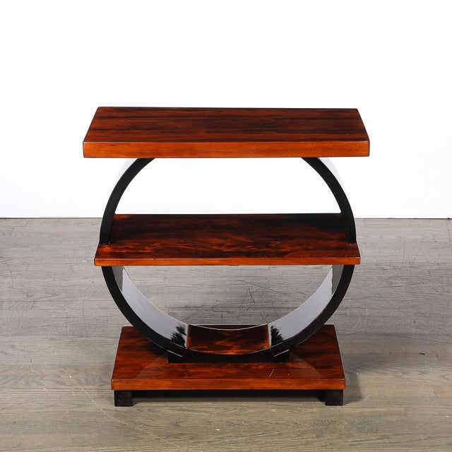 Art Deco Art Deco Machine Age 3-Tier Walnut Side Table W/ Black Lacquer Round Support For Sale - Image 3 of 14