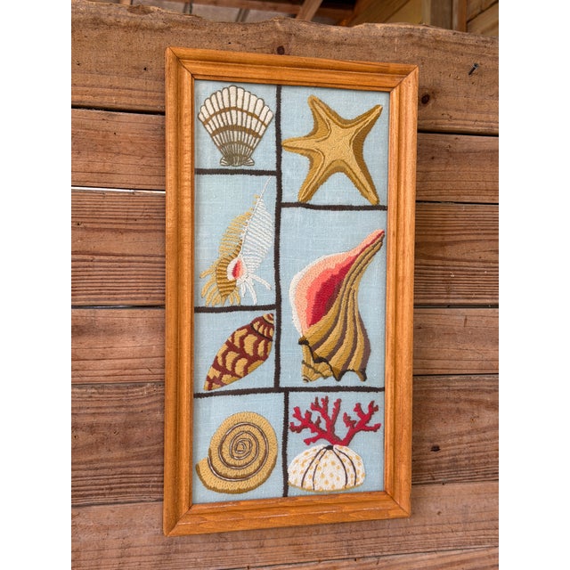 Vintage Coastal Needlepoint Seashell Textile Art in Wood Frame For Sale - Image 11 of 11