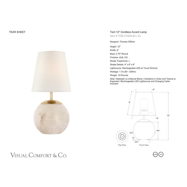 Thomas O'Brien by Visual Comfort Signature Terri 12" Cordless Accent Lamp in Alabaster with Linen Shade Designer: Thomas...