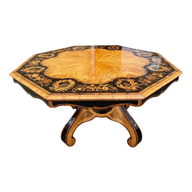 19th Century Victorian Octagonal Table with Ebony Inlays on Fine and Satinwood For Sale