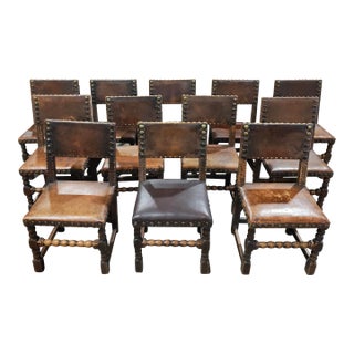 Late 19th Century Set of 12 Spanish Monastic Revival Leather Dining Chairs For Sale
