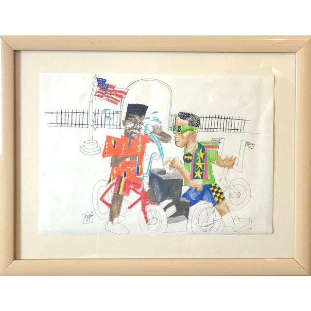 Expressionism Loren Munk, Mixed Media Neo Expressionist Painting Drawing African American Kids in Park, 1989 For Sale - Image 3 of 6