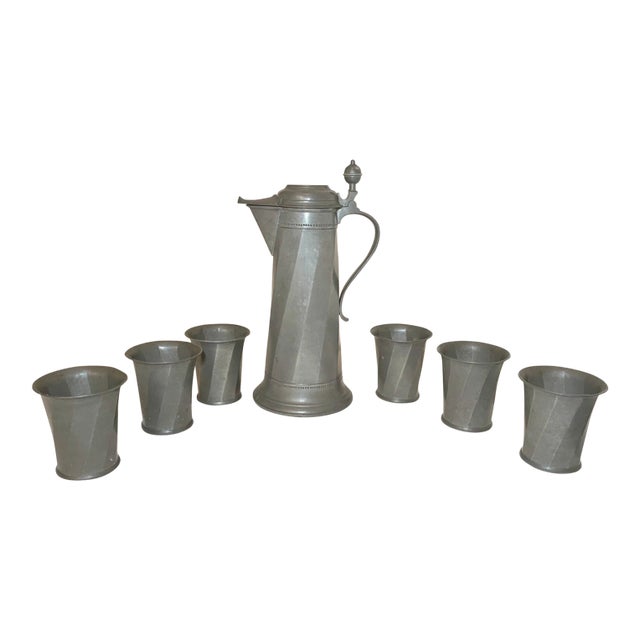7 PCS Antique 1800s Handmade Ludwig Mory Pewter Flagon Tankard Pitcher Stein Mug For Sale
