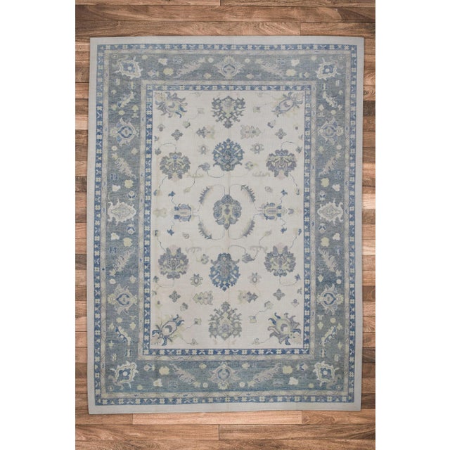 Textile Early 21st Century Blue & Green Floral Design Handwoven Wool Turkish Oushak Rug 9'6" X 13'10" For Sale - Image 7 of 8