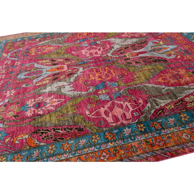 Vibrant Fuchsia & Teal Modern Bidjar Style Wool Rug With Botanical Motifs 10x14 For Sale - Image 9 of 11