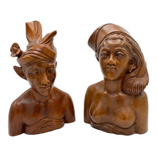 Vintage Hand-Carved Balinese Hardwood Busts Pair For Sale