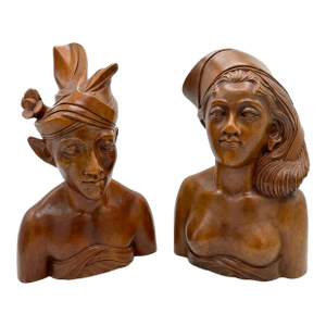 Vintage Hand-Carved Balinese Hardwood Busts Pair