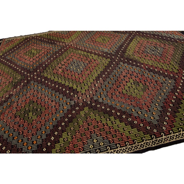 Brown Brown and Green Modern Soumak Handmade Geometric Designed Wool Rug For Sale - Image 8 of 13