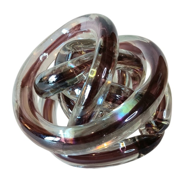 Abstract Art Glass Knot Twisted Infinity Decor Paperweight Clear & Purple Colors 4" X 3.5" For Sale - Image 11 of 11