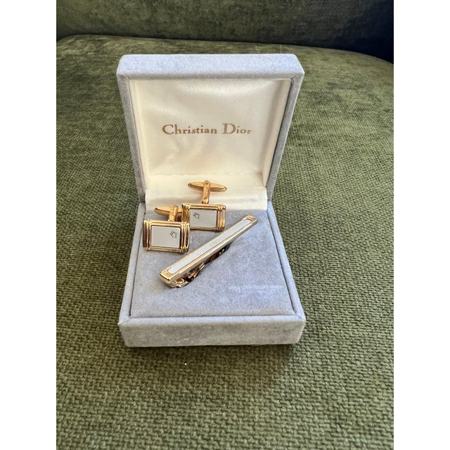 Rare Vintage Christian Dior Gold Plate Cufflinks & Tie Clip Original Case For Sale - Image 4 of 12