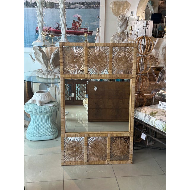 1970s Vintage Palm Beach Spun Woven Wicker Rattan Sunburst Wall Mirror For Sale - Image 5 of 10