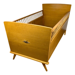Bohemian Wooden and Rattan Childrens Bed, 1960s