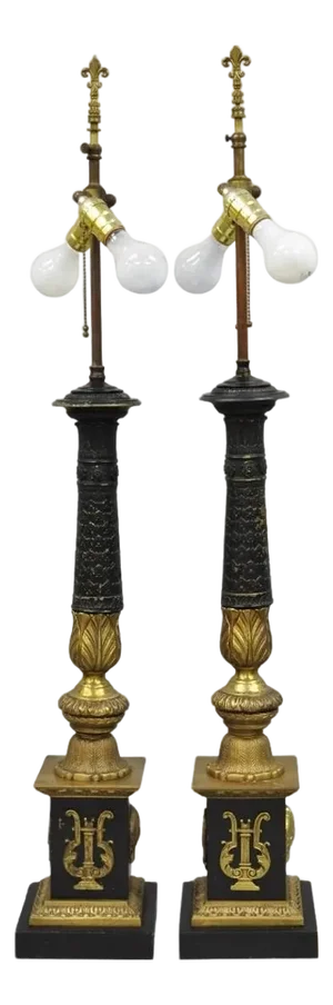 Antique French Empire Style Figural Black & Gold Tall Column Table Lamps - Pair